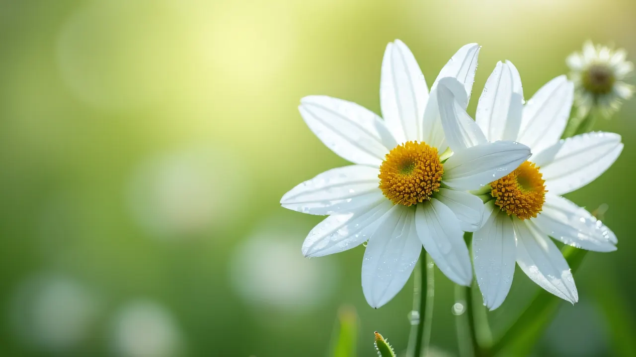 Close-up of white petaled flowers with dewy droplets and blurred background.