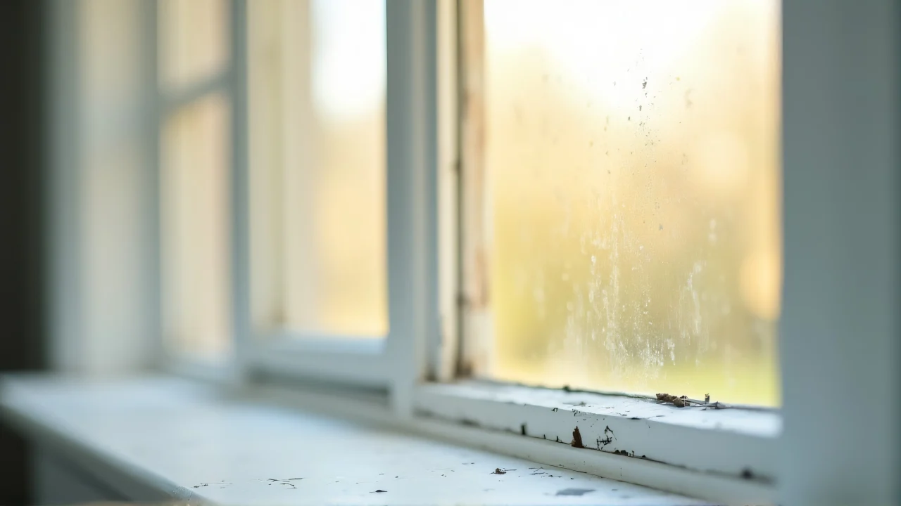 Close-up view of a white wooden window with sunlight filtering through.