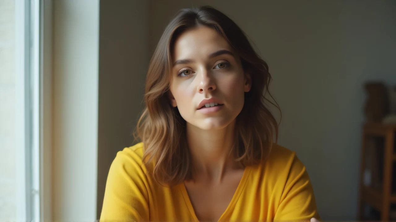 A close-up portrait of a woman wearing a yellow top, softly lit by natural window light.