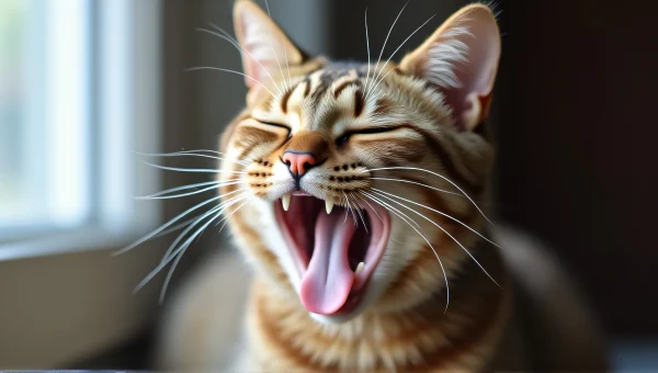 Close-Up Yawning Cat with Whiskers and Tongue