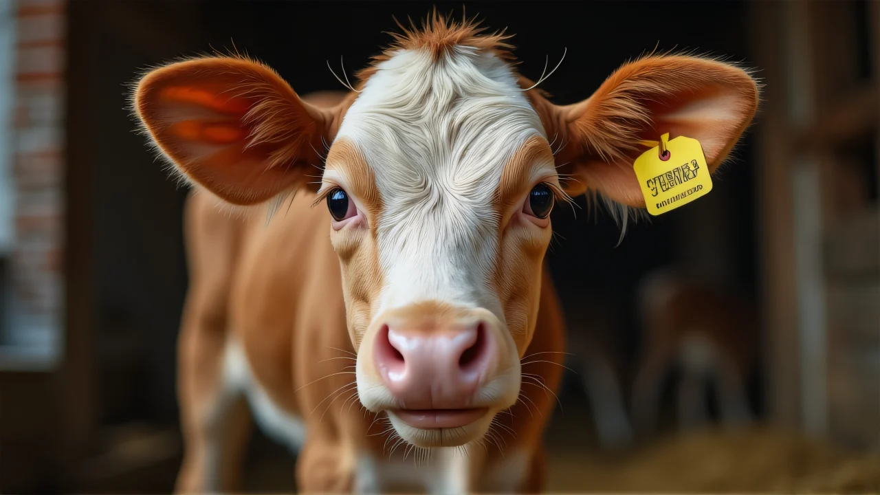 A young calf with a yellow ear tag in a rustic barn setting, softly lit from behind.