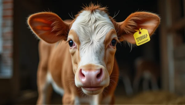 Close-Up Young Calf in Rustic Barn With Tag