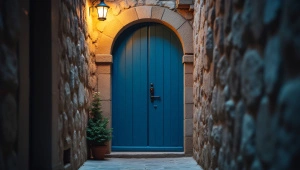 Closed Blue Wooden Door In Narrow Stone Alley