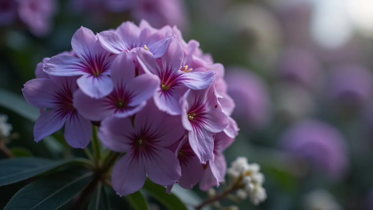 Close-up view of clustered purple blossoms surrounded by assorted greenery.