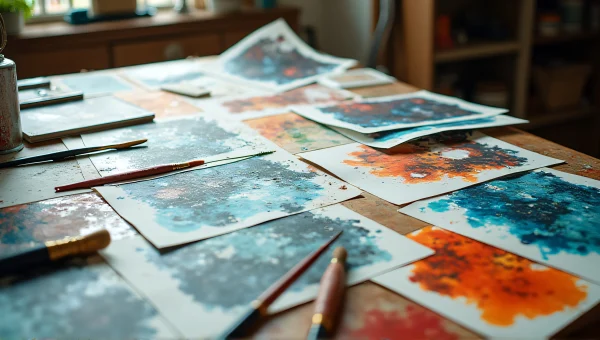 Cluttered Art Studio Table With Paint Brushes