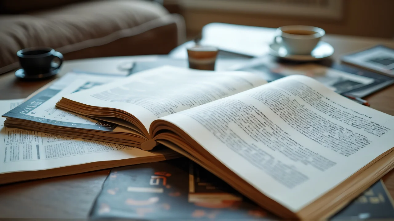 Close-up of a coffee table with magazines and a cup ring.