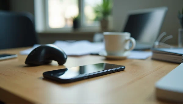 Cluttered Wooden Desk With Smartphone And Scanner