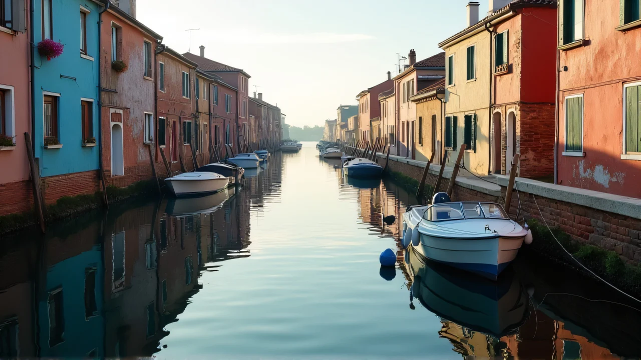 A small white boat moored near coastal houses reflecting on calm water.