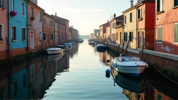 Coastal Houses With Boat Reflections in Morning Light