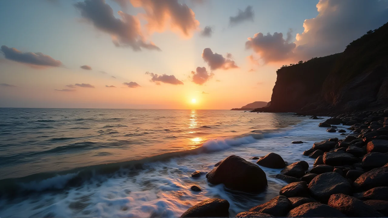 Wide-angle coastal panorama featuring sunset over ocean with cliffs and rocky shore.