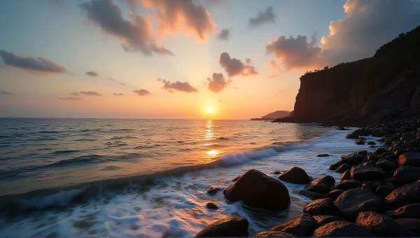 Coastal Ocean Sunset Panorama With Silhouetted Cliffs