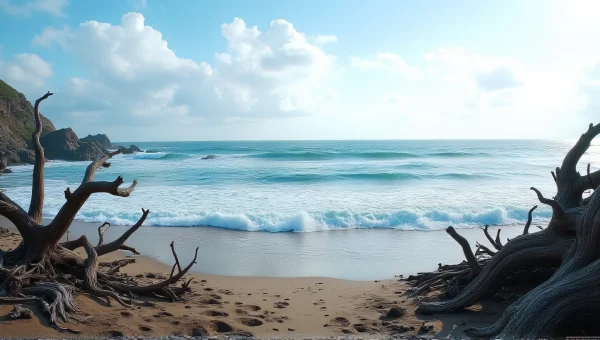 Coastal Panorama Ocean Waves Rocky Shore Driftwood