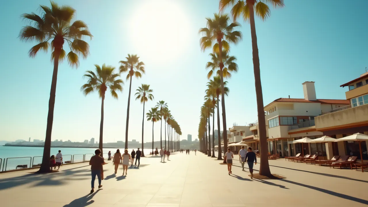 People stroll along a sunlit coastal promenade lined with tall palm trees.