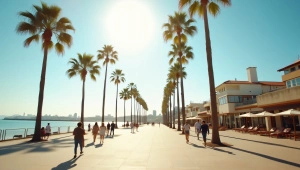Coastal Promenade People Walking Palm Trees