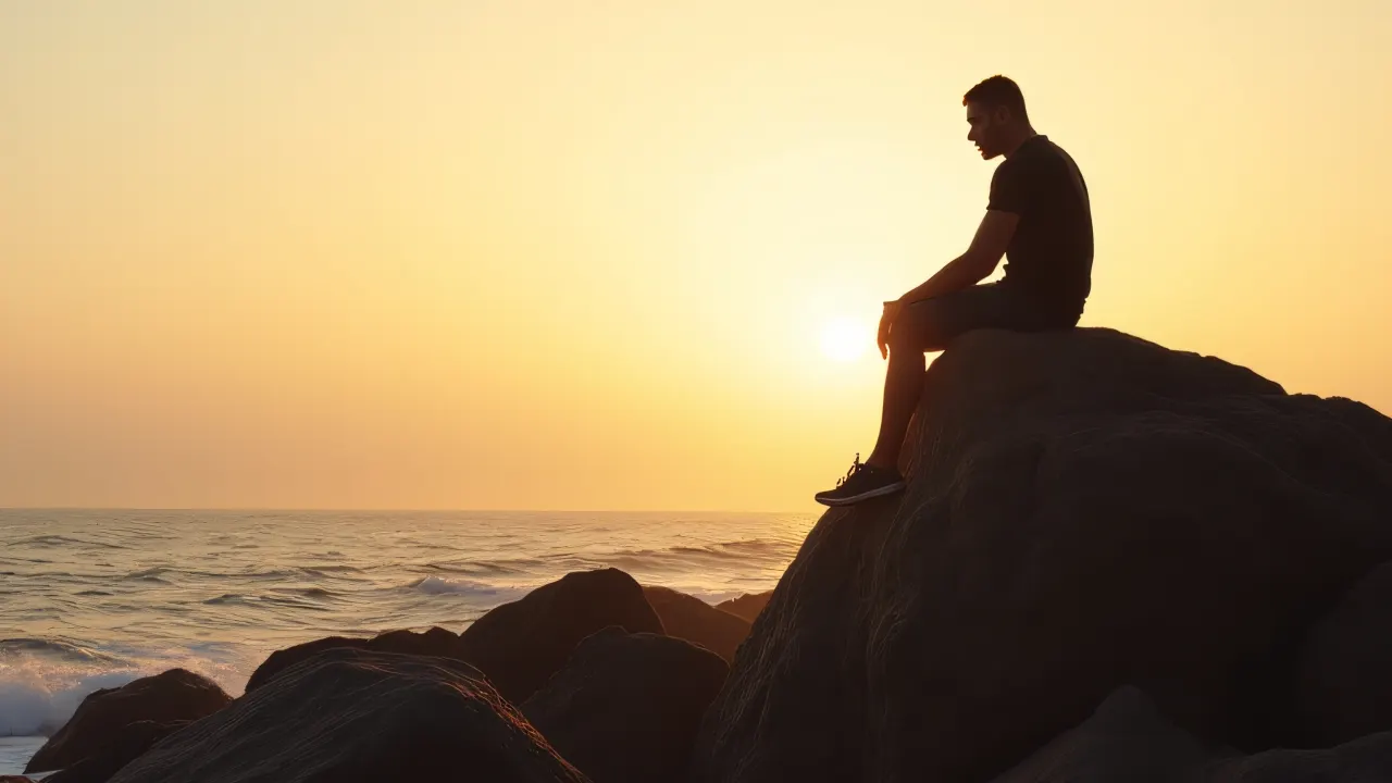 A person sitting peacefully atop a boulder during sunset, capturing tranquility by the coast.