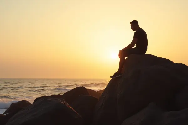 Coastal Serenity: Individual on Boulder at Sunset