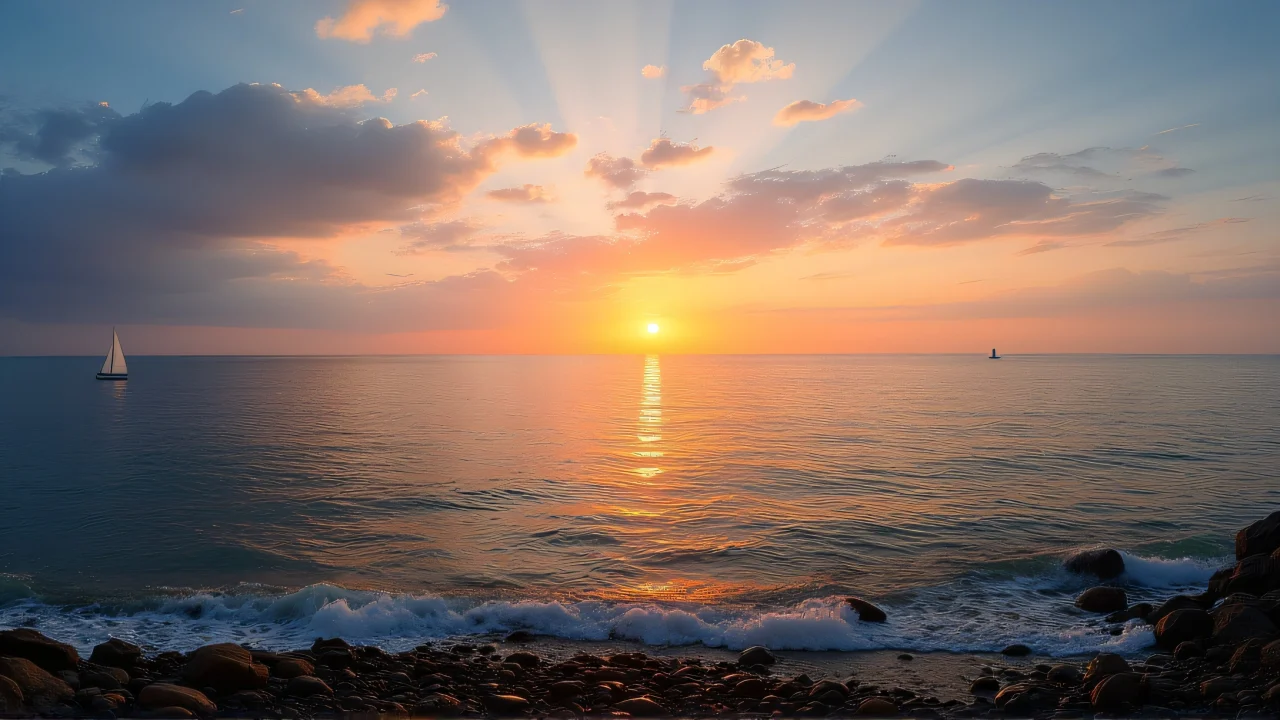 Wide coastal panorama of the ocean at sunset with a distant sailboat and rocky shore.