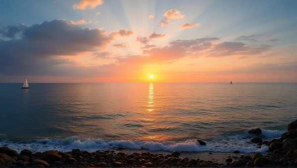 Coastal Sunset Panorama With Sailboat And Rocks