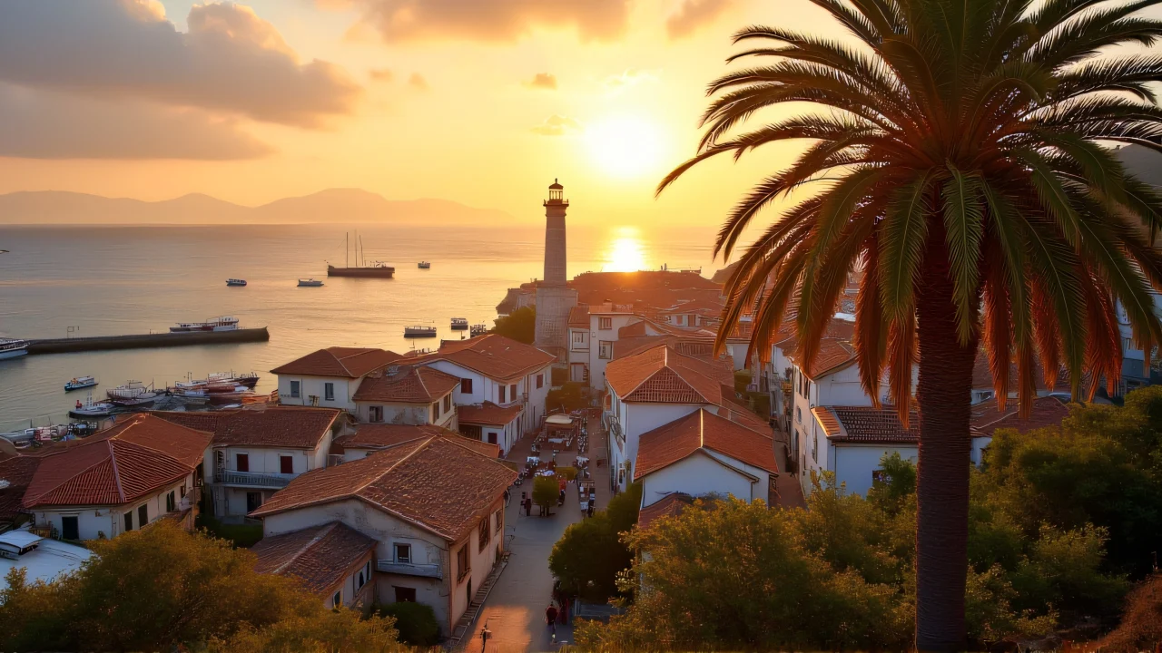 High-angle view of a coastal town during golden hour with fishing boats and a lighthouse.