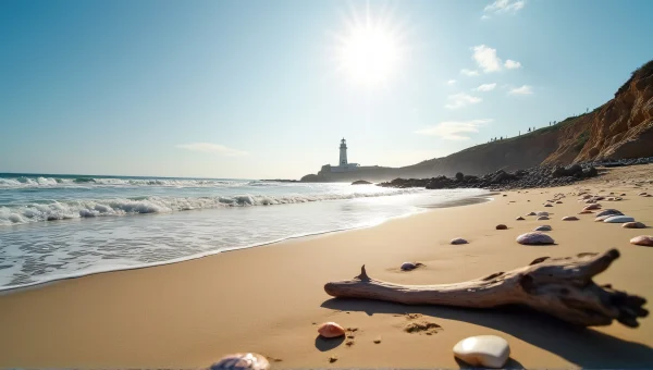 Coastal Vista With Sandy Shoreline And Lighthouse