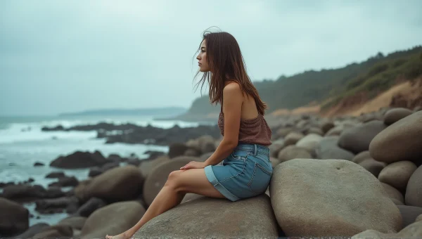 Coastal Woman Seated on Rocks with Windy Hair