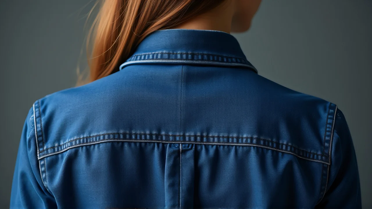 Close-up of a person showcasing a cobalt chambray outer layer with textured details.
