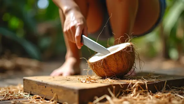 Coconut Husk Splitting Woman Machete Tropical Yard