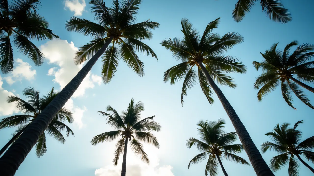 Low-angle view of coconut palm trees reaching towards a clear blue sky.
