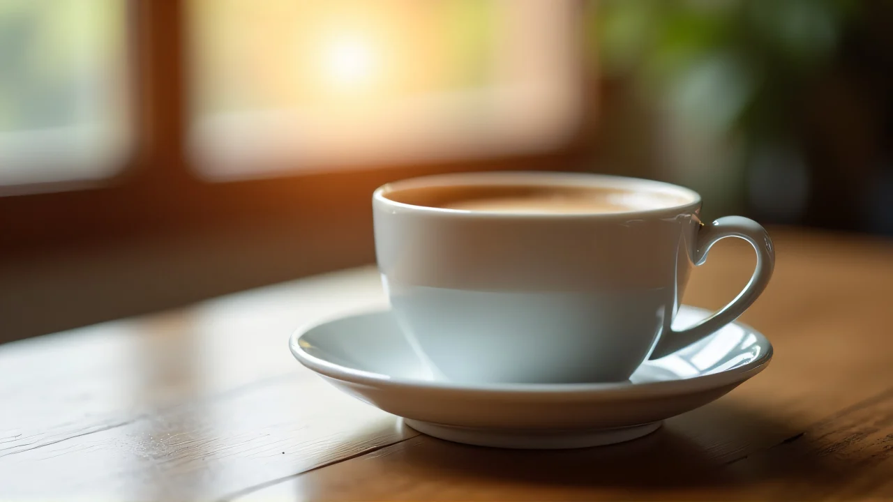 Close-up of a coffee cup on a wooden table with warm backlighting.