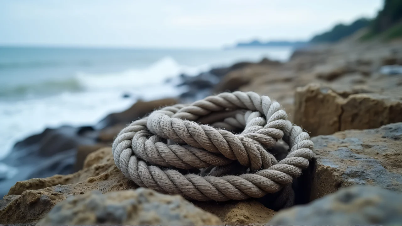 A low-angle view of coiled weathered rope resting on jagged rocks by the ocean surf.