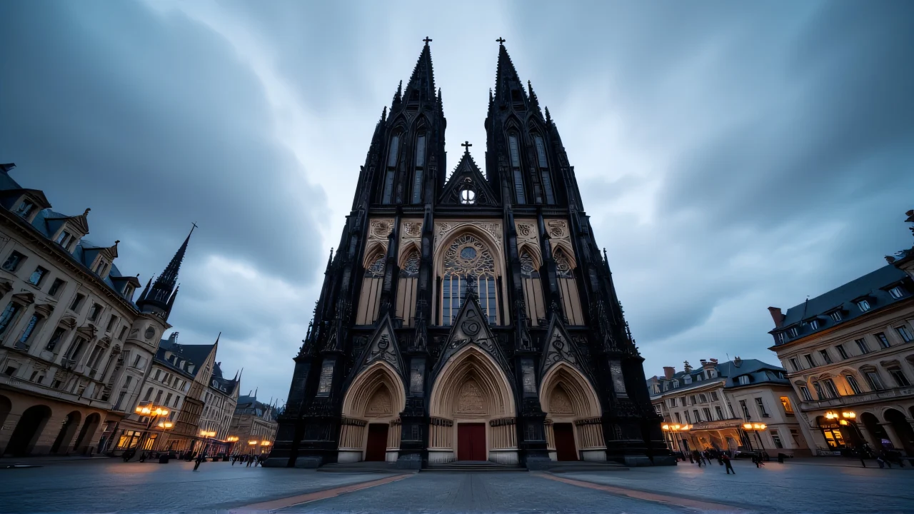 Low-angle view of Cologne Cathedral facade with dramatic sky and cobblestone plaza.