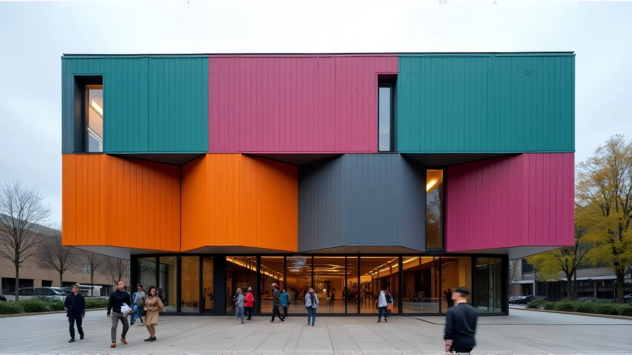Wide-angle view of colorful building façade with pedestrians in front.