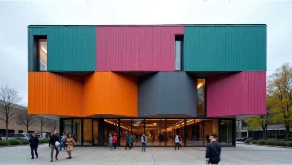 Colorful Building Façade With Pedestrians Outdoors