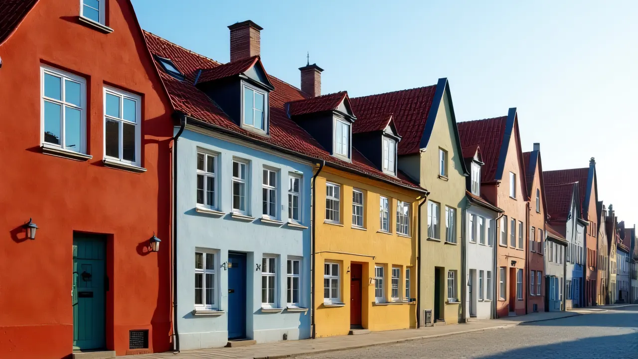 Row of colorful buildings along a cobblestone street in midday light.