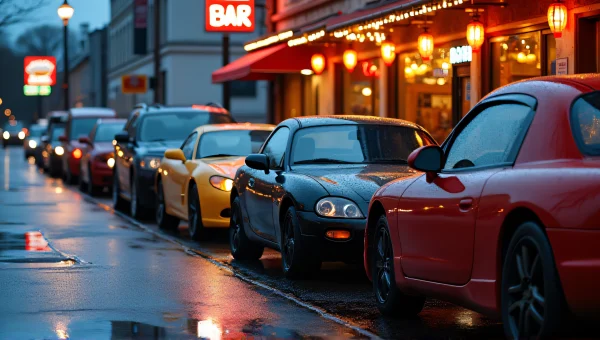 Colorful Cars Parked By Bustling Restaurant At Dusk