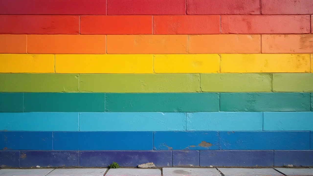 Close-up view of a textured city wall painted with rainbow bands.