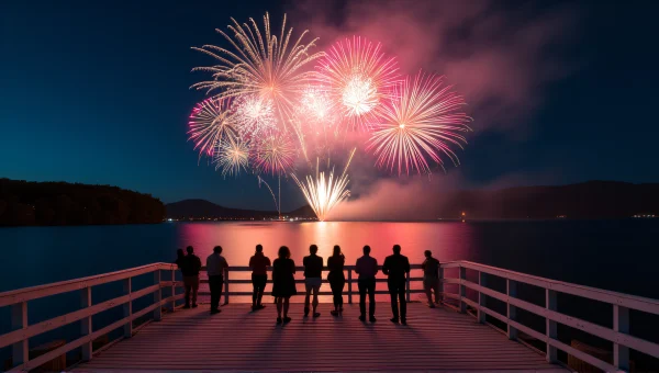 Colorful Fireworks Over Dark Lake Night Celebration