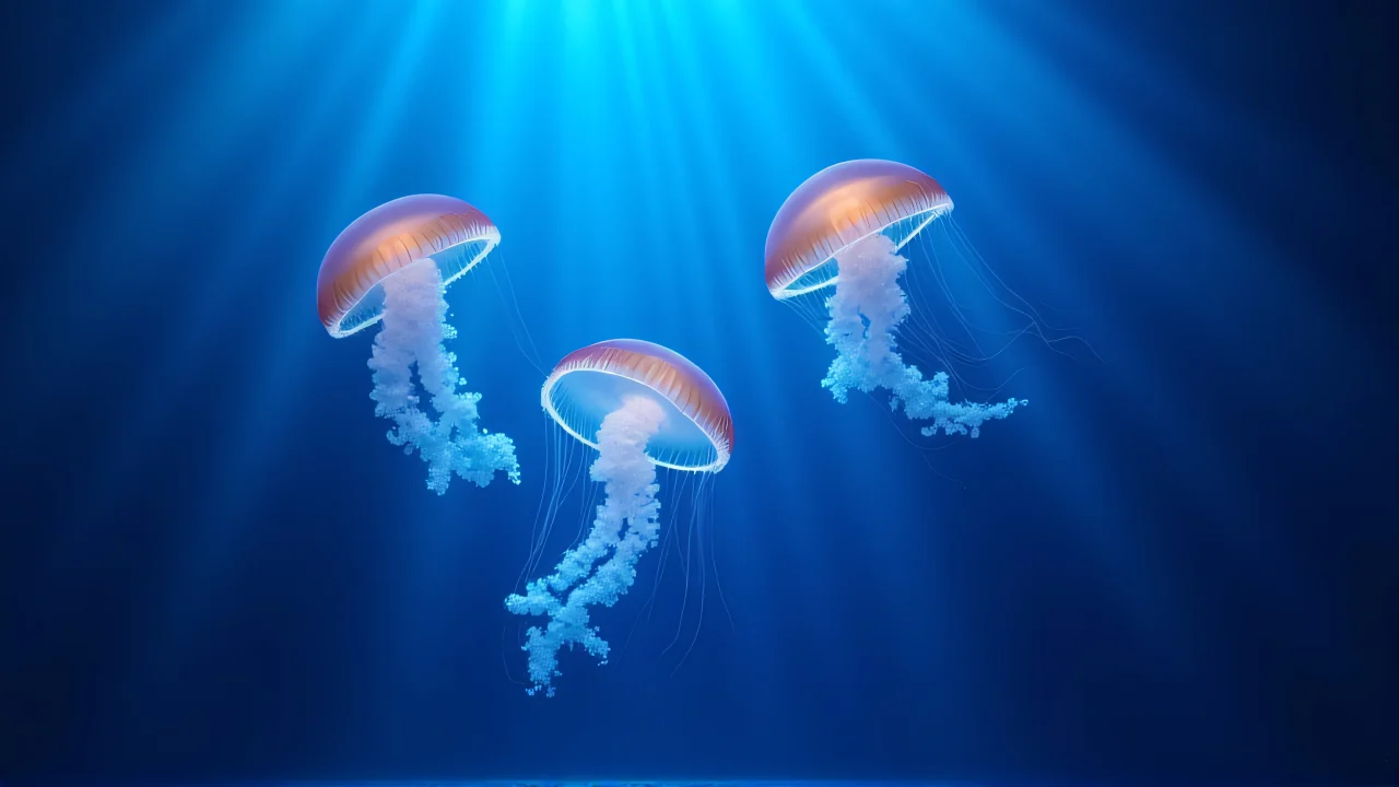 Three gelatinous jellyfish floating in blue light beams with soft motion blur.