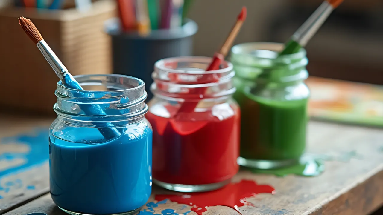 Three jars of blue, red, and green paint beside brushes on a wooden table.