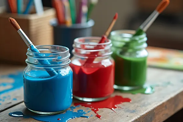 Colorful Paint Jars And Brushes On Wooden Table