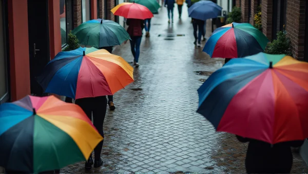 Colorful Umbrellas On Wet Cobblestone Street