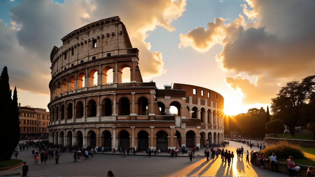 Wide-angle view of the Colosseum in Rome during golden hour with tourists and scaffolding.