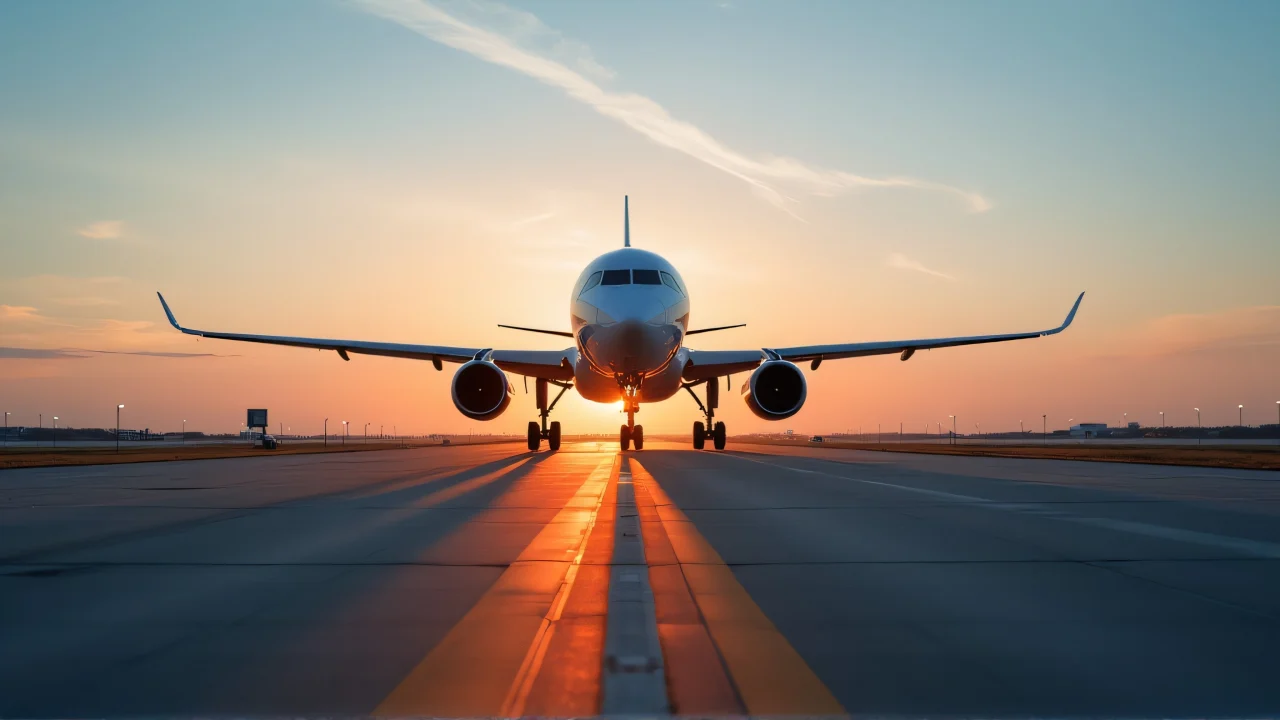A commercial airplane during low evening light over a runway.