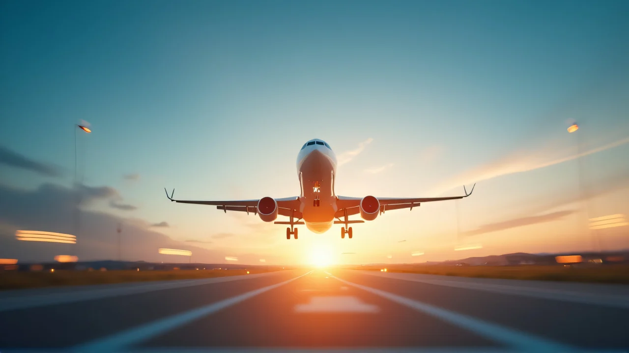 A low-angle view of a commercial airplane flying under a clear blue sky.