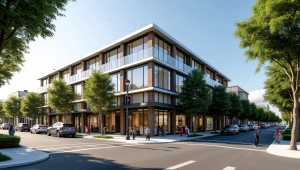 Commercial Building Park View With Shops And Trees