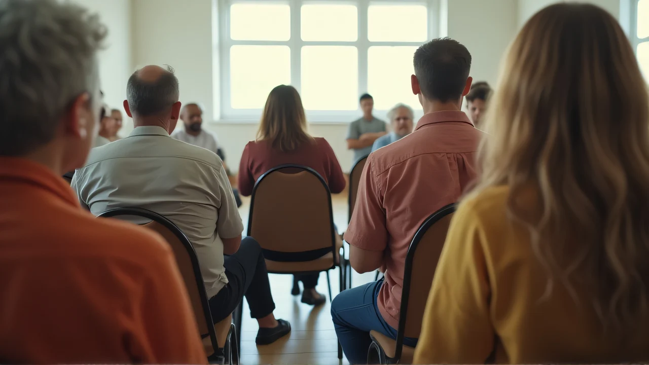 A group of people seated in a bright community hall, engaged in conversation.