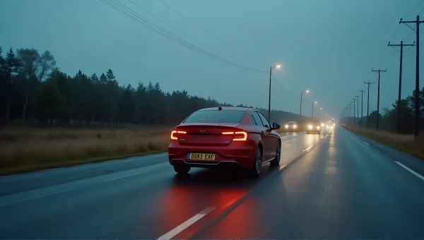 Compact Sedan Speeding on Rural Road at Dusk