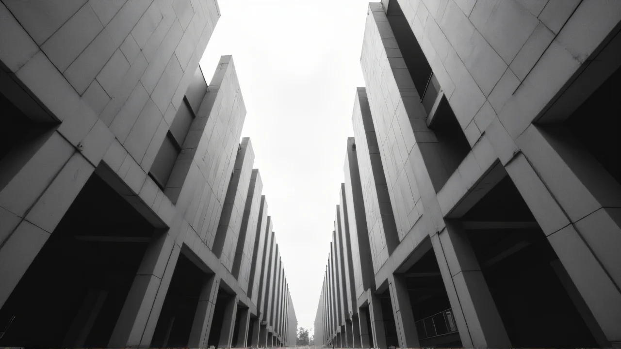 A grayscale low-angle view of concrete buildings showcasing sharp lines and deep shadows.