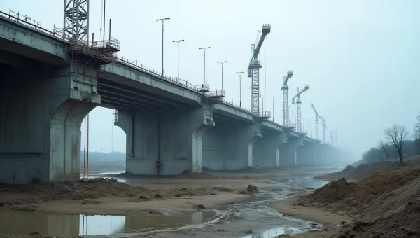 Concrete Bridge Construction Workers and Cranes