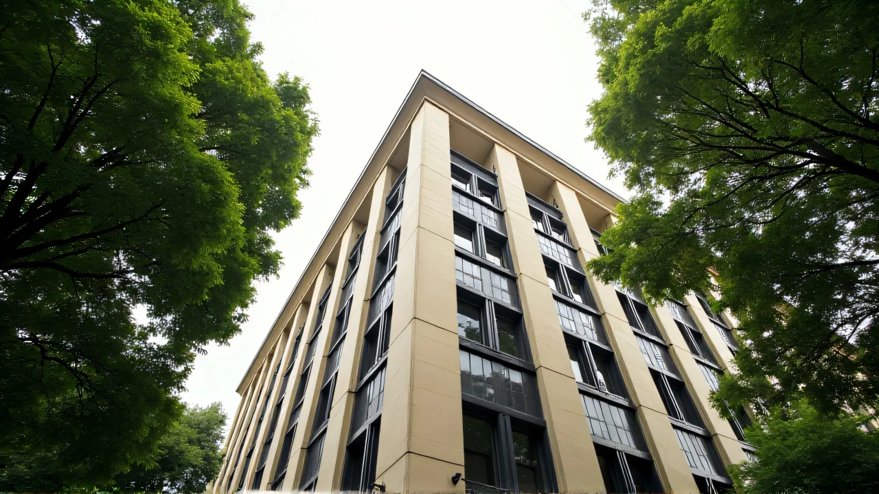Low-angle view of a concrete building surrounded by lush green foliage.